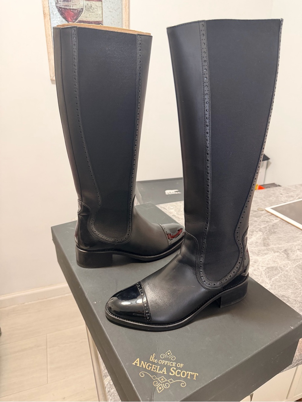Black Over-the-Knee Leather Riding Boots with Patent Toe